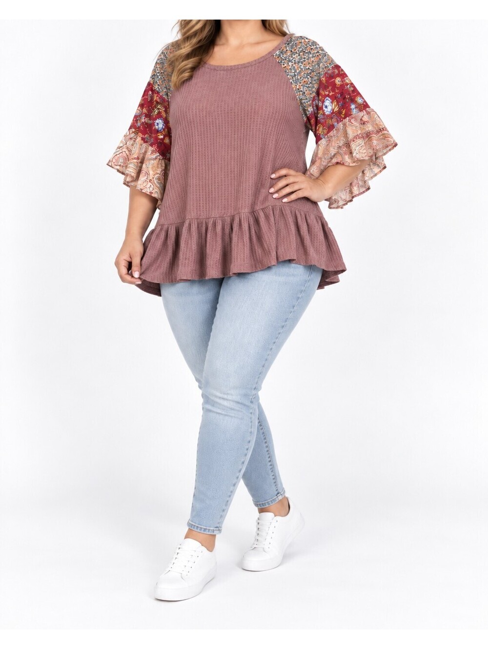 Umgee Boho Patchwork Bell Sleeve Top - Size L